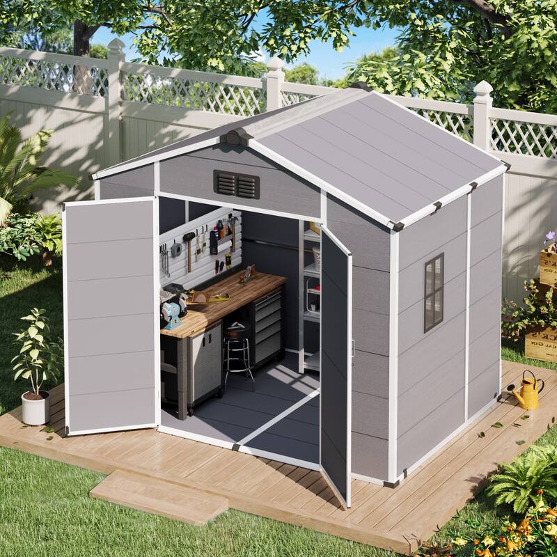 EROMMY Outdoor Storage Shed with Built-In Floor, Lockable Double Doors & Sloped Roof, Gray/Black