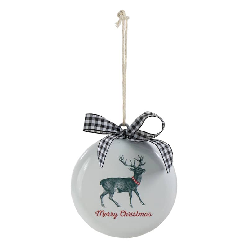 Reindeer "Merry Christmas" with a Plaid Bow Glass Disc Ornament - 4.5" - White and Black