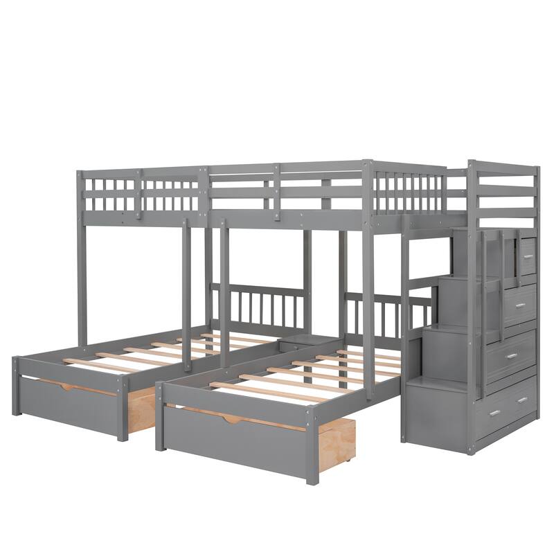 Full Over Twin & Twin Bunk Bed with Built-in Table, Convertible Staircase and 5 Storage Drawers, Multifunctional Triple Bunk Bed