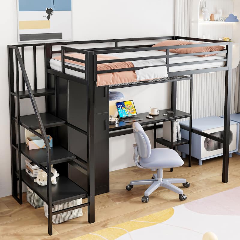 Full-Size Metal Loft Bed with Built-in Wardrobe, L-Shaped Desk, Charging Ports, and Multi-Layer Storage Shelves - Twin Black - Twin