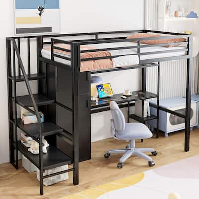 Metal Twin Loft Bed With Desk, Shelf, Wardrobe and Storage Staircase