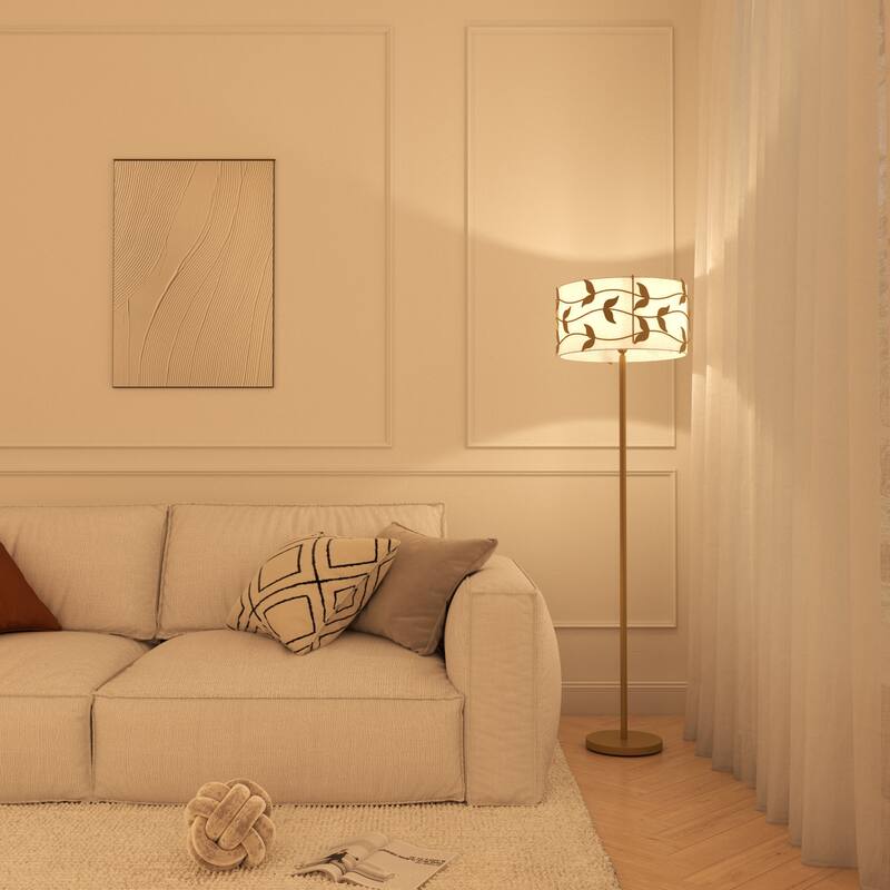 Acroma Black/Gold Leaf-Accent Fabric Shade Floor Lamp