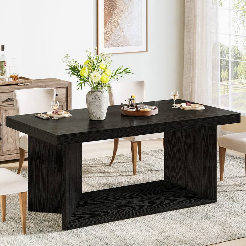 63" Dining Table for 4-6, Farmhouse Dinner Table with Heavy Duty Pedestal - Black