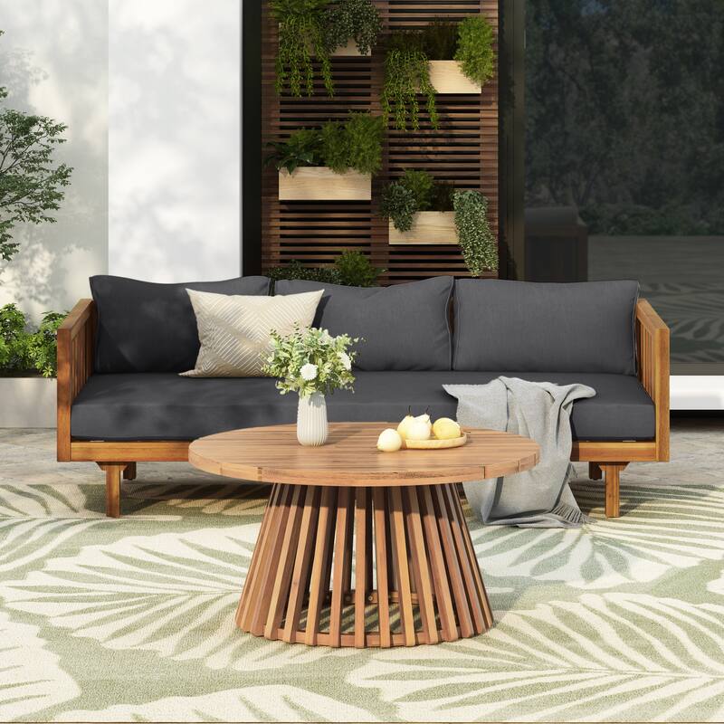 Roomfitters 3-Seater Daybed & Acacia Wood Coffee Table Set, Water-Resistant Cushions - Teak+Dark Grey