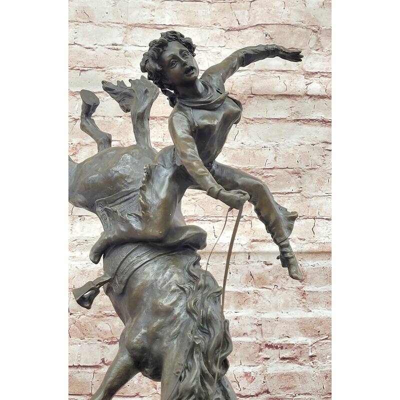 Female Horseback Rider Cowgirl Being Thrown Off Horse - Western Bronze Sculpture By Milo