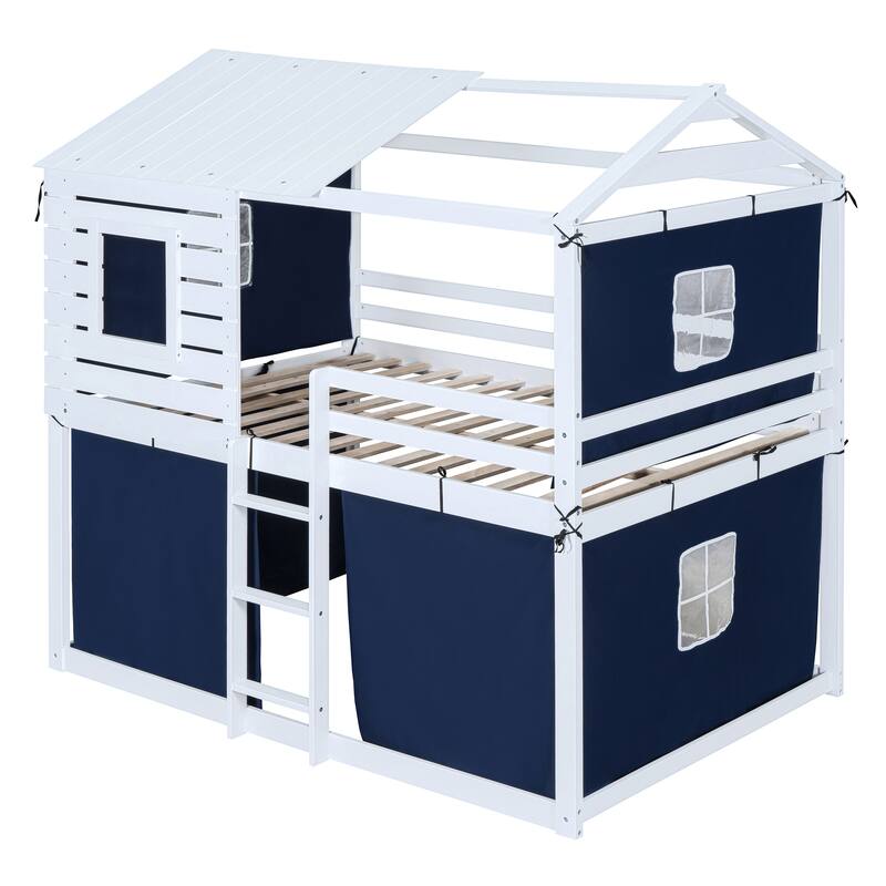 Full Size Solid Wood House Bunk Bed with Tent, Ladder and Fence for Kids, Bedroom