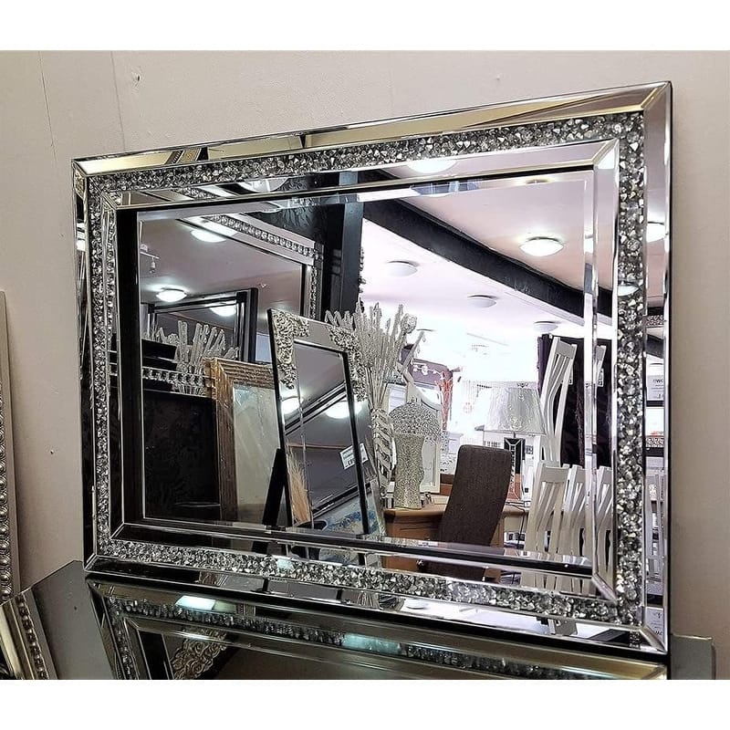 Glam Crystal Accent Mirror Diamond Inlay Wall Mirror - Silver