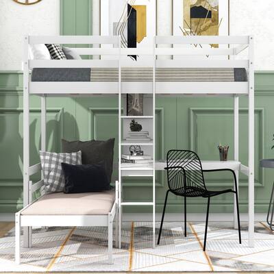 Convertible Twin Loft Bed with L-Shaped Desk and Shelves, Space-Saving Design