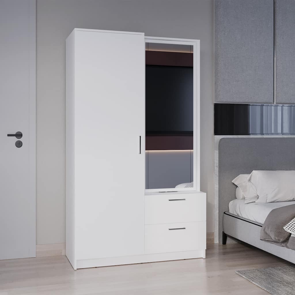Seville 71" High One Door Two Drawers Mirror Armoire White - N/A