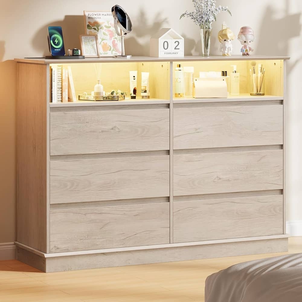 6-Drawer Dresser w/ LED Lights & Charging Station, Wide Storage