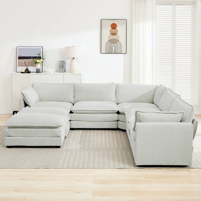 7-Seater Corduroy Sectional Sofa with 2 Removable Ottomans & Corner Seat, Soft & Comfortable - 5 Seats with 2 Ottoman