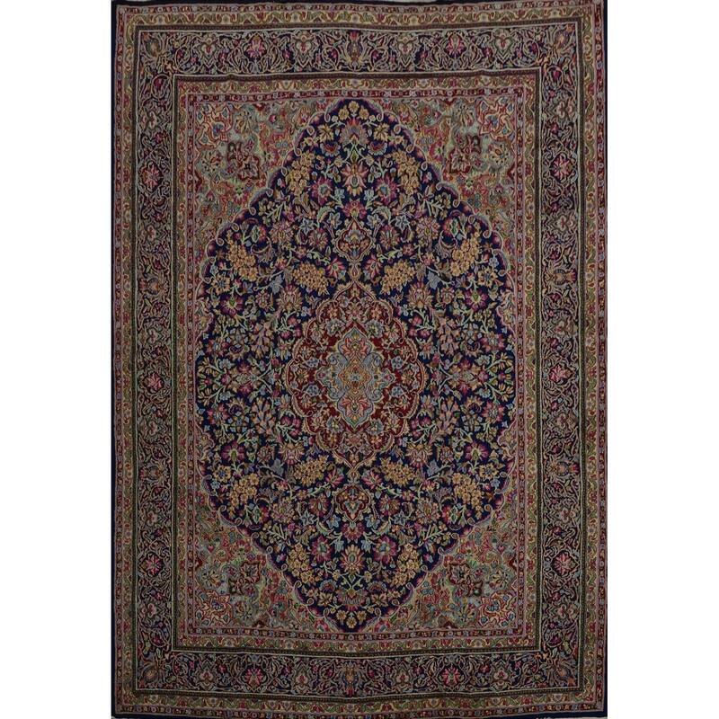 Hand Knotted Oriental 100% Wool Carpet Traditional Floral Navy Blue & Blues Kerman Area Rug - 13' 0'' X 9' 11''