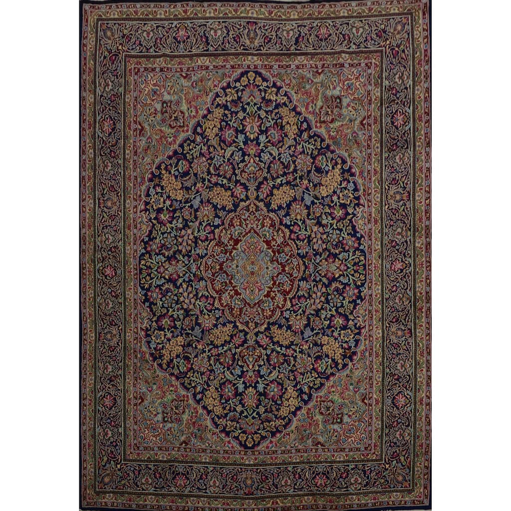 Hand Knotted Oriental 100% Wool Carpet Traditional Floral Navy Blue & Blues Kerman Area Rug - 13' 0'' X 9' 11''