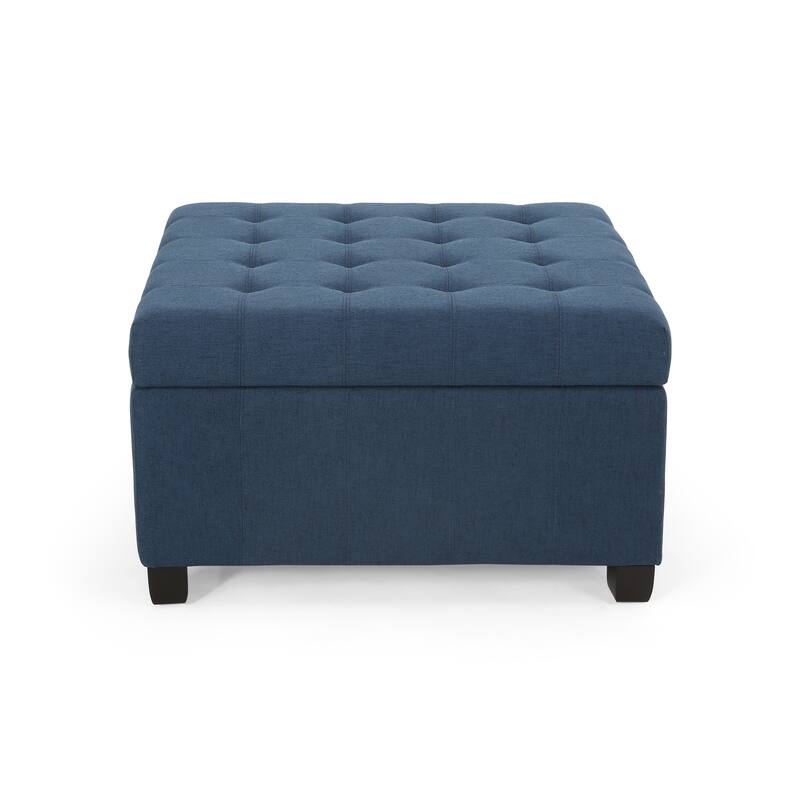 Upholstered Tufted Fabric Storage Ottoman with Birch Wood Legs