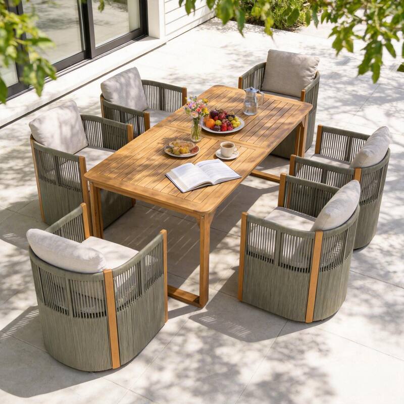 Christopher Knight Home - Ronan Outdoor Acacia Wood Dining Set with Swivel Rope Armchairs & Curved Leg Dining Table, Teak Finish