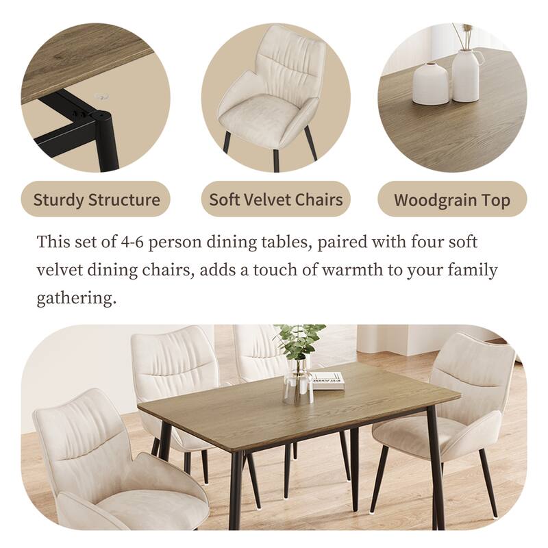 Modern Wood Grain Dining Set with Black Metal Legs, Seats 4-6, 5-Pcs