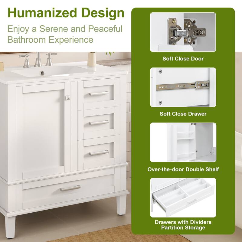 30" Modern Bathroom Vanity with Ceramic Sink, Solid Wood Frame, 1 Door & 3 Soft-Close Drawers, Freestanding