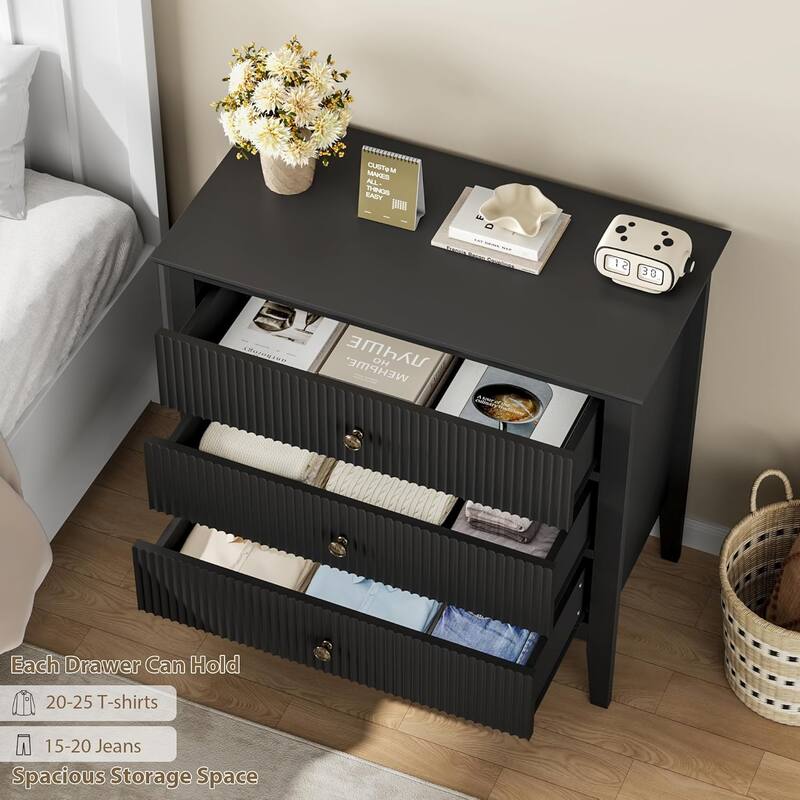 Modern 3-Drawer Dresser with Fluted Wood Front, 30" Wide Storage Cabinet for Bedroom, Living Room, or Entryway