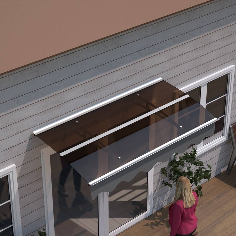 Series Door Window Awning Canopy Made of 0.137 Inch Thick Crystal Solid Polycarbonate Sheet and Aluminum Alloy with Valance - Grey+Brown