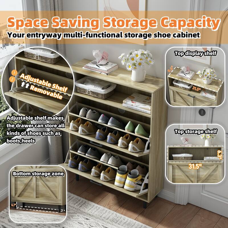 Farmhouse Shoe Storage Cabinet with Barn Door Design, Shoe Organizer with 2 Flip Drawers - Natural Wood