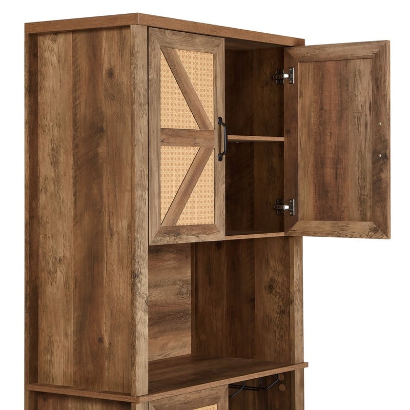 76-Inch Tall Faux Rattan Wine Cabinet with Square Compartments and Microwave Shelves