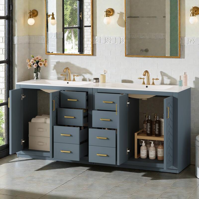 72" Solid Wood Freestanding Bathroom Vanity with Dual Ceramic Sinks, Double Storage Cabinet with Drawers and Soft-Close Doors