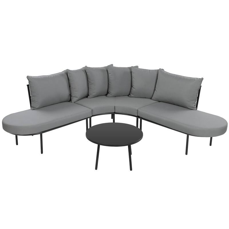 Patio Half-Moon Curved Sectional Sofa Set with Small Coffee Table, All-Weather-Used Iron Frame Outdoor Conversation Set