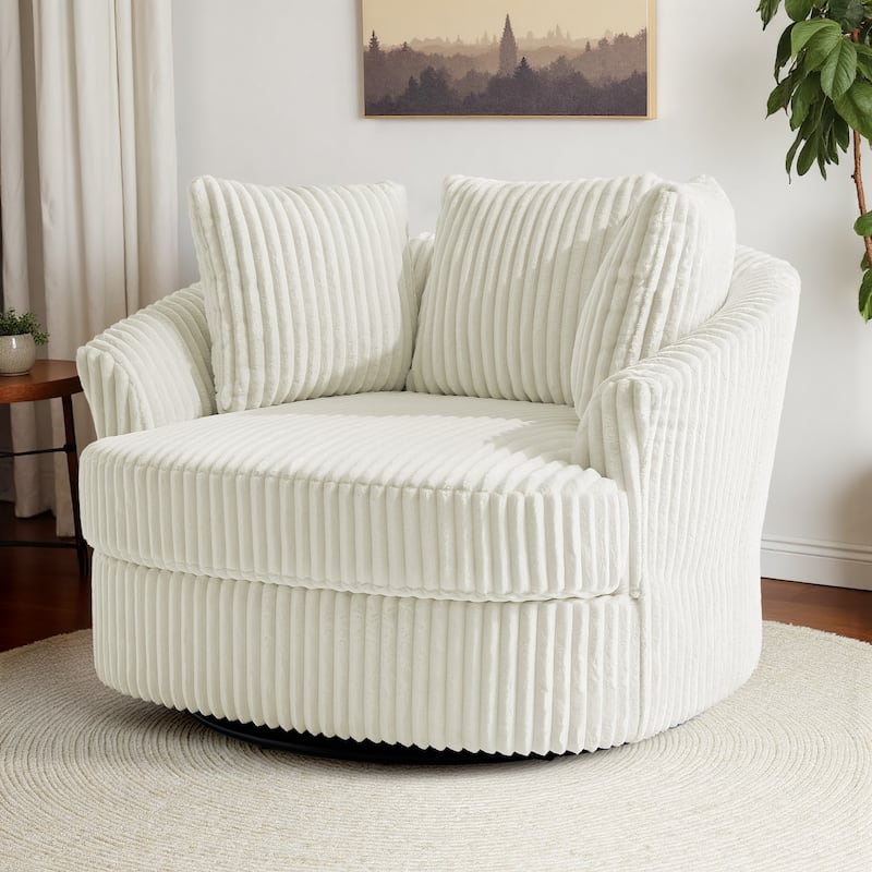 Oversized 43" W Plush Corduroy Recessed Arm Swivel Barrel Chair - Beige