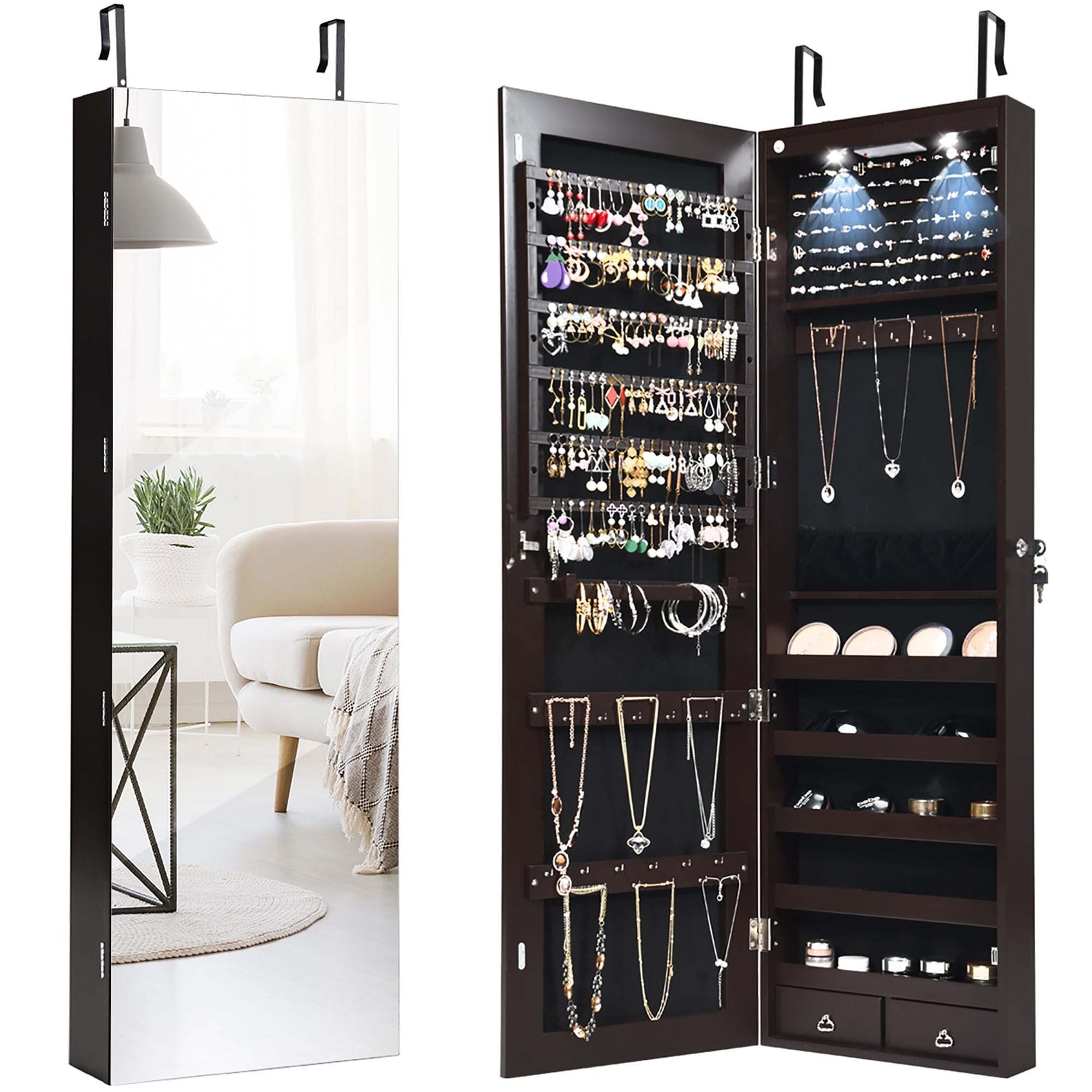 Jewelry Armoire LED Full-Length Mirror Wall Door Mounted Cabinet Organizer White 
