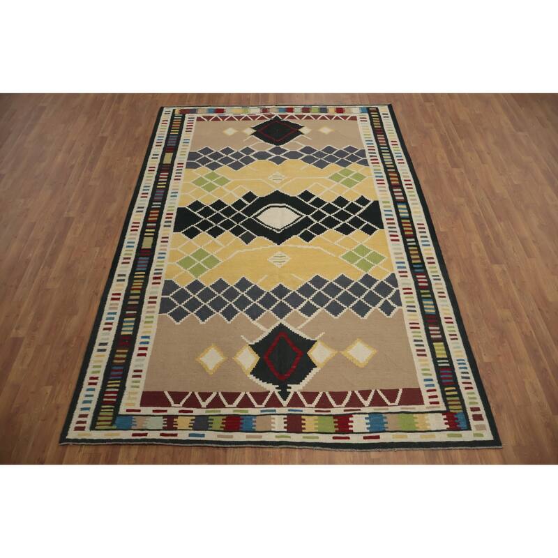 Hand Woven Oriental 100% Wool Carpet Southwestern Geometric Multi-Colored Kilim Area Rug - 10' 3'' X 6' 11''