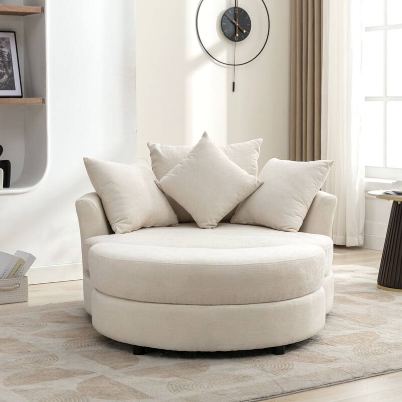 360° Swivel Accent Barrel Chair with Storage Ottoman & 4 Pillows, Modern Chenille Leisure Chair Round Accent