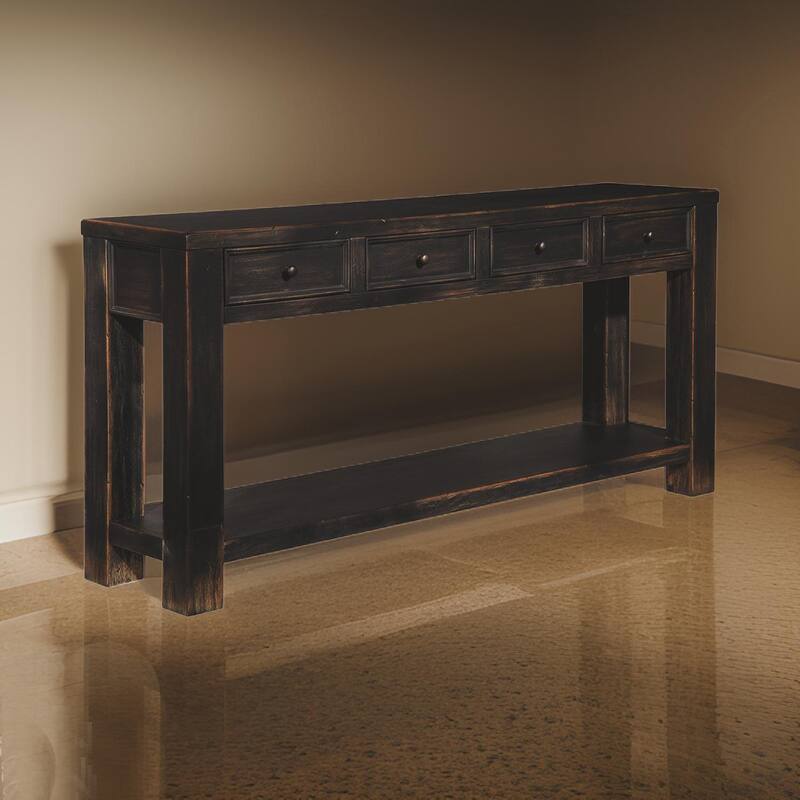 Wooden Sofa Table with Four Drawers and One Shelf, Weathered Black