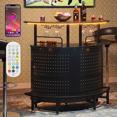 Smart LED Lights Bar Unit, 3-Tier Liquor Bar Table with Glasses Holder