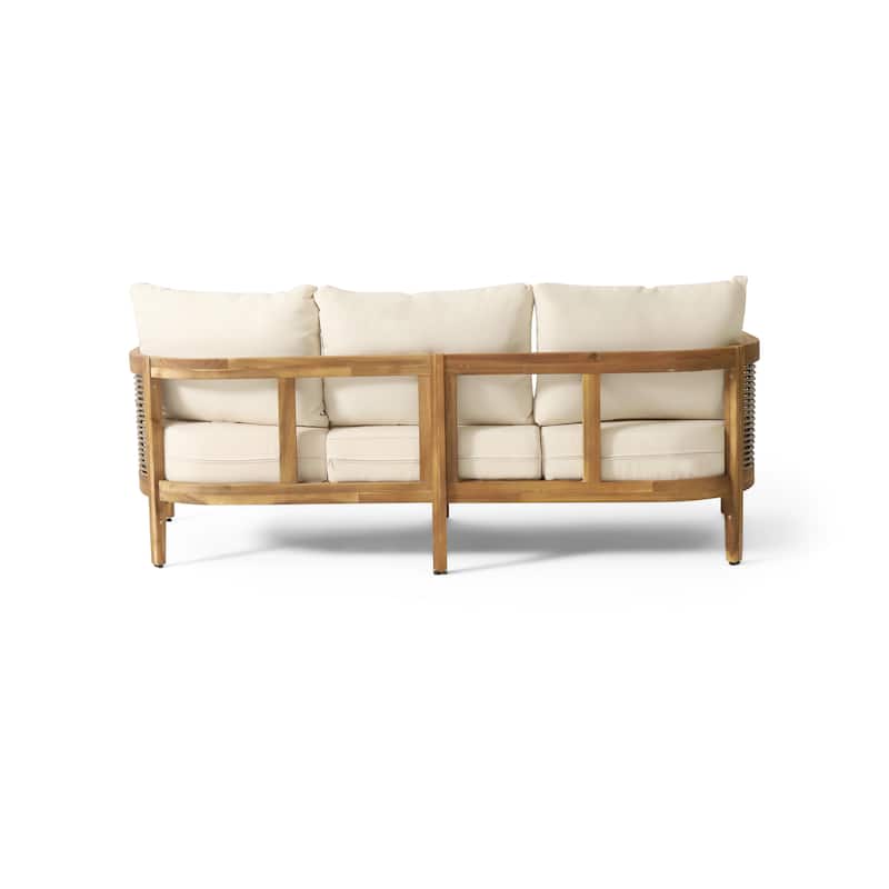 Burchett Outdoor Acacia Wood and Round Wicker Sofa by Christopher Knight Home