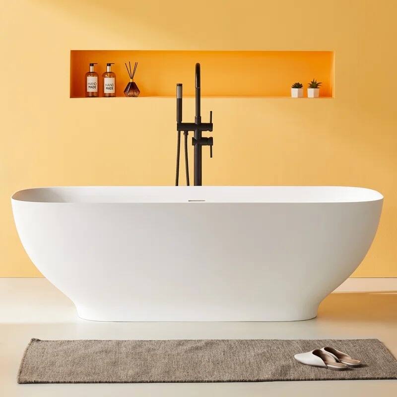 ABRUZZO 67" Solid Surface Freestanding Soaking Bathtub cUPC Certified with Overflow & Pop-Up Drain - Matte White - 67"