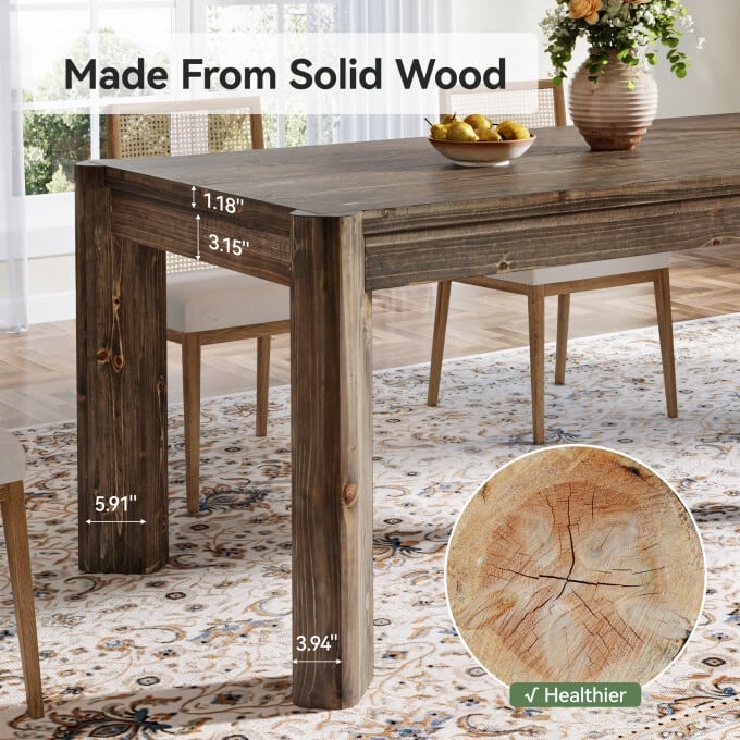 63-Inch Solid Wood Dining Table, Farmhouse Kitchen Table For 4-6