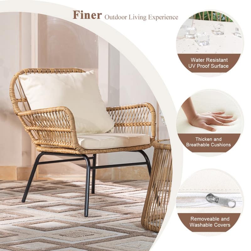 3-Piece Boho Outdoor Patio Furniture Set, Wicker Conversation Bistro Set with 2 Rattan Chairs and Coffee Table