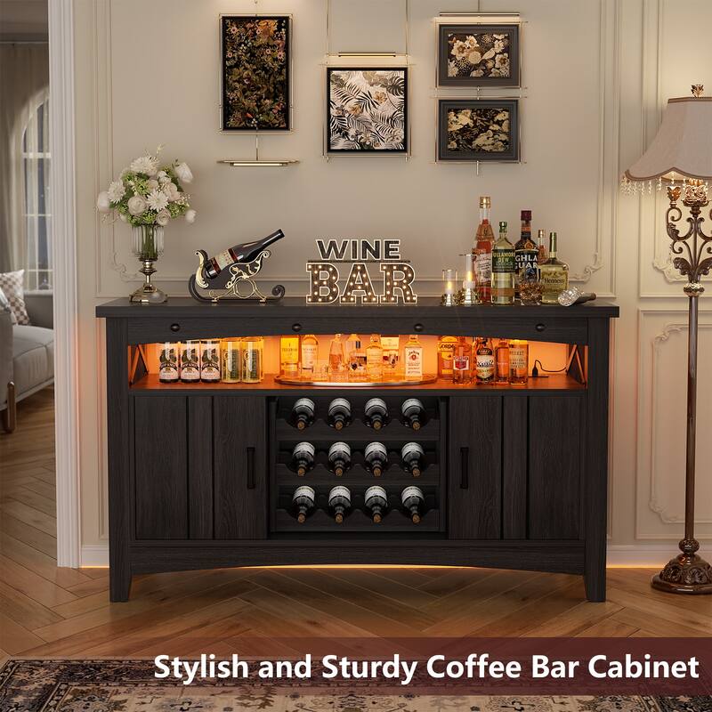 Farmhouse 47" Wine Bar Cabinet with Power Outlets & LED Lights, Industrial Coffee Bar Liquor Cabinet with Shelves & Wine Rack