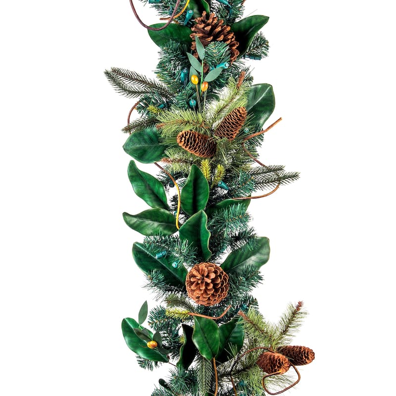 9 ft. Artificial Garland with Lights - Magnolia Leaf - Green