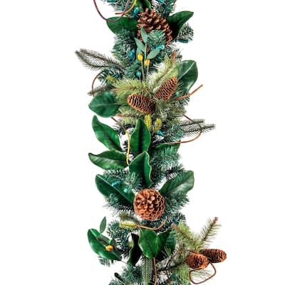 9 ft. Artificial Garland with Lights - Magnolia Leaf - Green