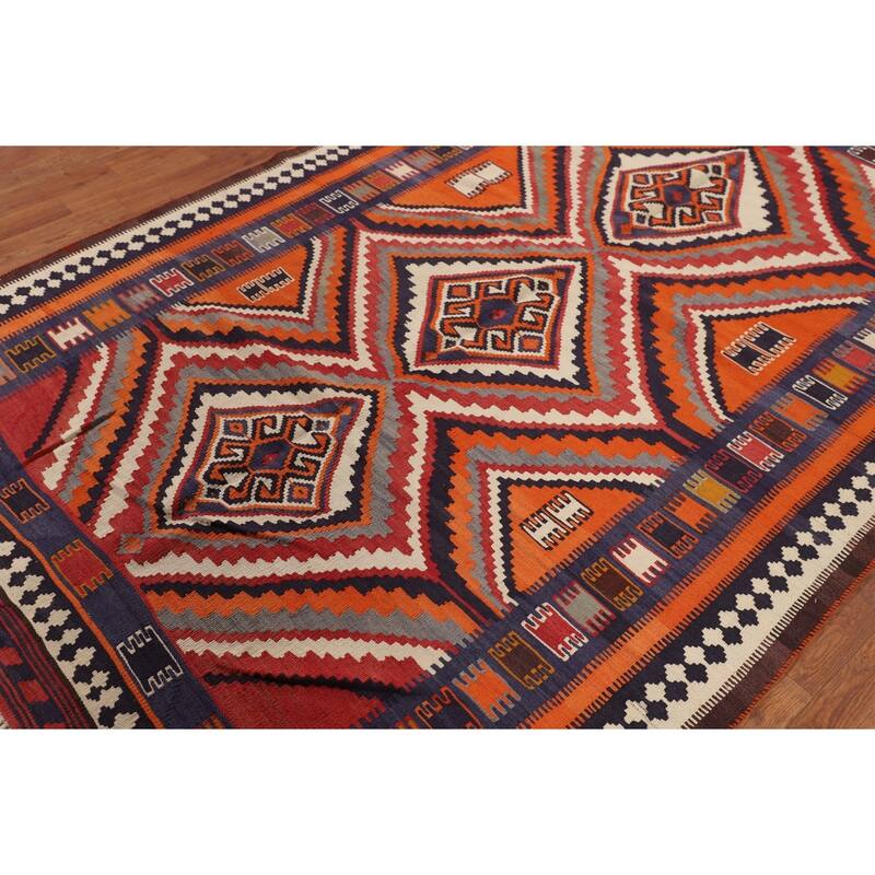 Orange Kilim Qashqai Persian Vintage Rug Hand-Woven Wool Carpet - 5'3"x 7'8"