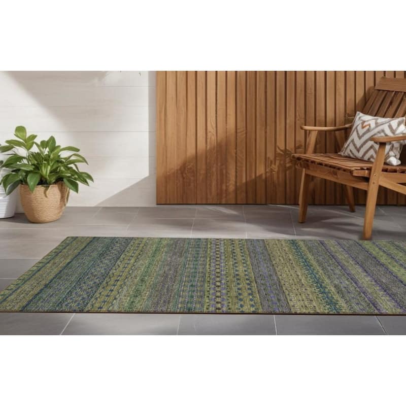 Jaso Stripe Weather Resistant Blended Style Outdoor Rug - 2' X 8' - Green