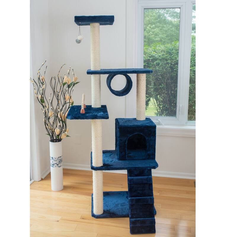 71" Navy Real Wood Cat Climbing Tower, Cat Scratching Furniture - Navy Blue