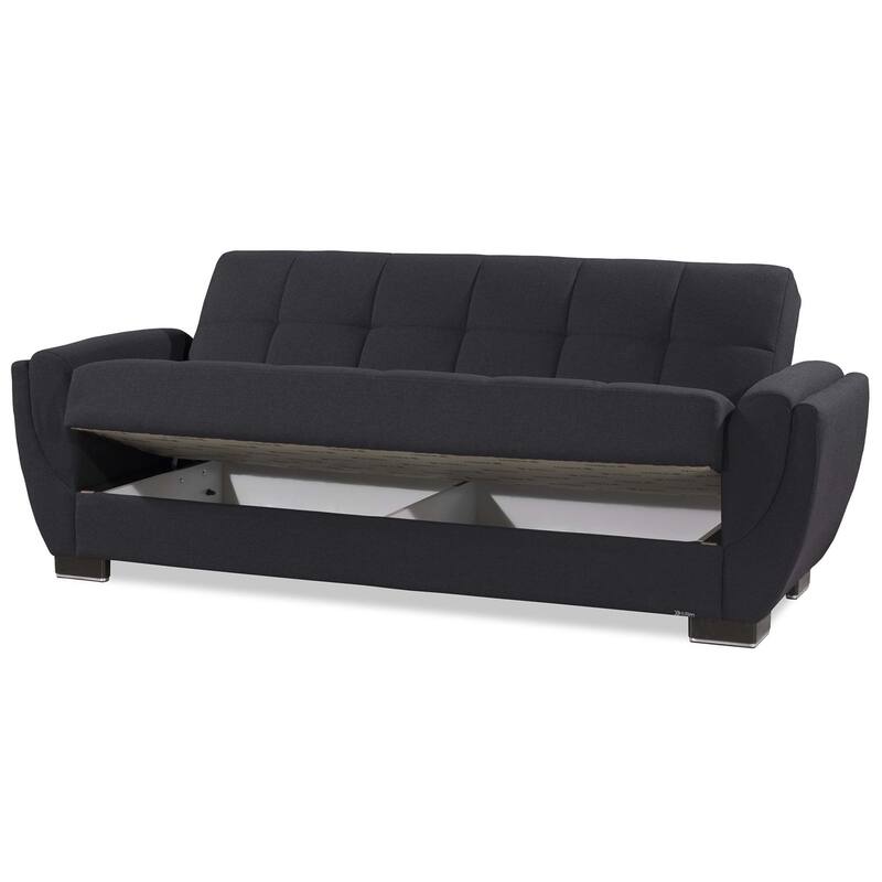 HomeRoots 93" Dark Blue Chenille Convertible Futon Sleeper Sofa And Toss Pillows With Storage
