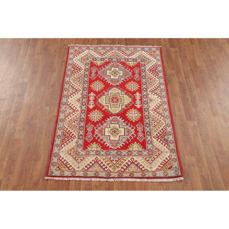 Geometric Red Kazak Oriental Accent Rug Handmade Wool Carpet - 3'4" x 5'1"