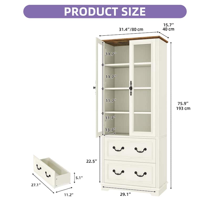 76" Tall Display Cabinet with Glass Doors Bookcase Accent Living Room Hallway