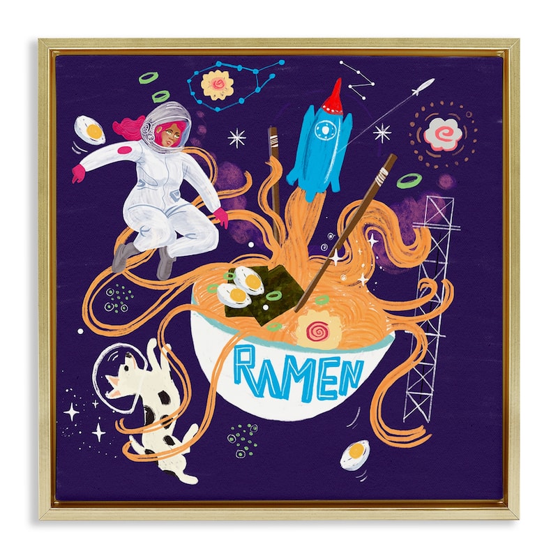 Stupell Whimsical Ramen in Space Framed Floater Canvas Wall Art Design By Juliet Rose Philips - 18 x 18 - Gold