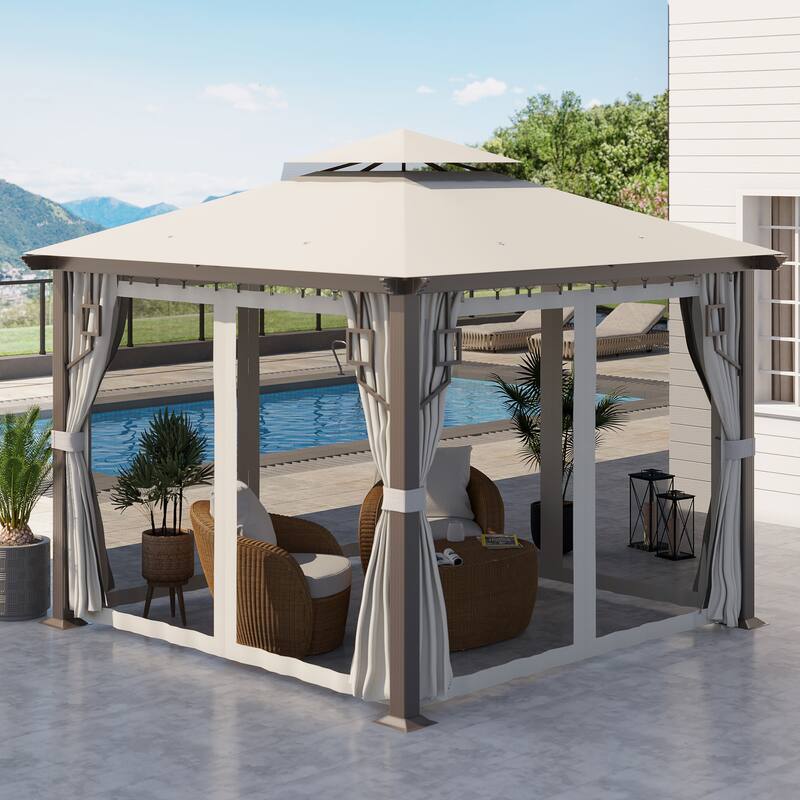 Outsunny 10' x 10' Patio Gazebo Outdoor Canopy Shelter with Aluminum Frame, Double Tier Roof, Netting and Curtains - Brown, Cream White