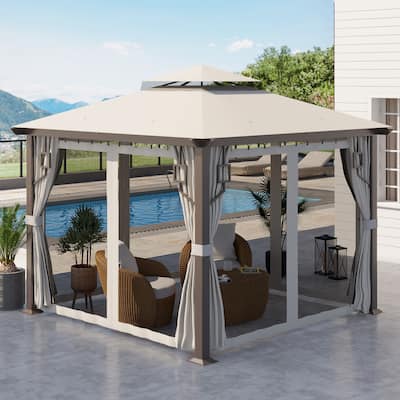 Outsunny 10' x 10' Patio Gazebo Outdoor Canopy Shelter with Aluminum Frame, Double Tier Roof, Netting and Curtains