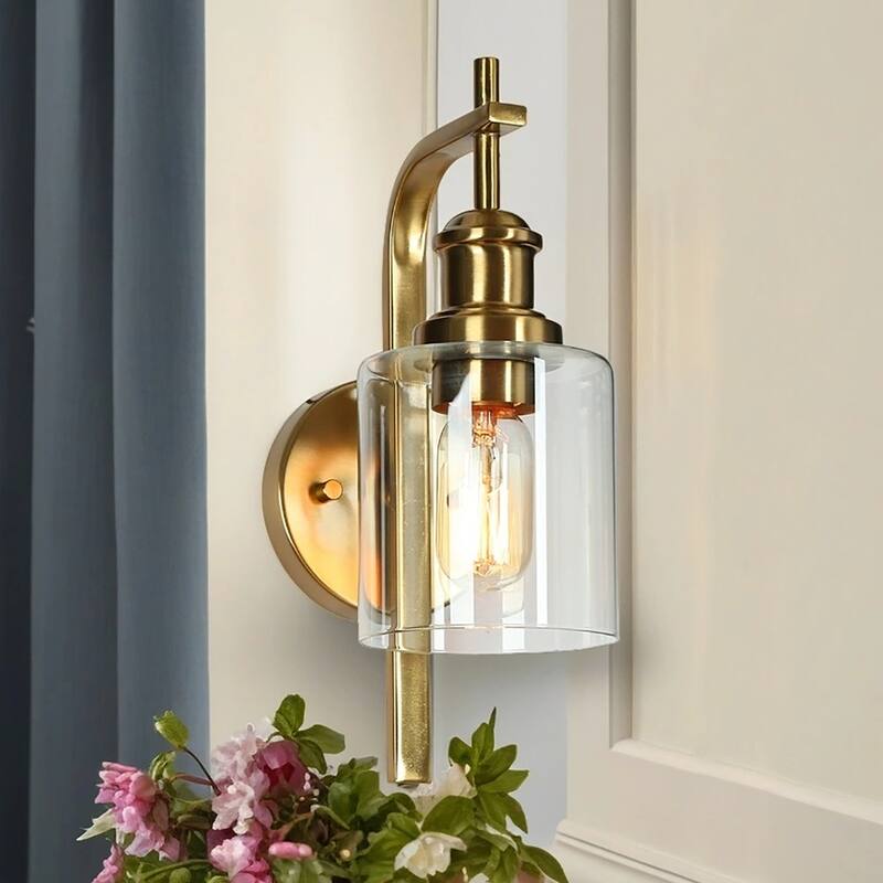 Oriva Modern 1-Light Gold Wall Sconce Cylinder Glass Bathroom Vanity Light - Brushed Electroplated Copper - W4.5"xD7.5"xH12.5"